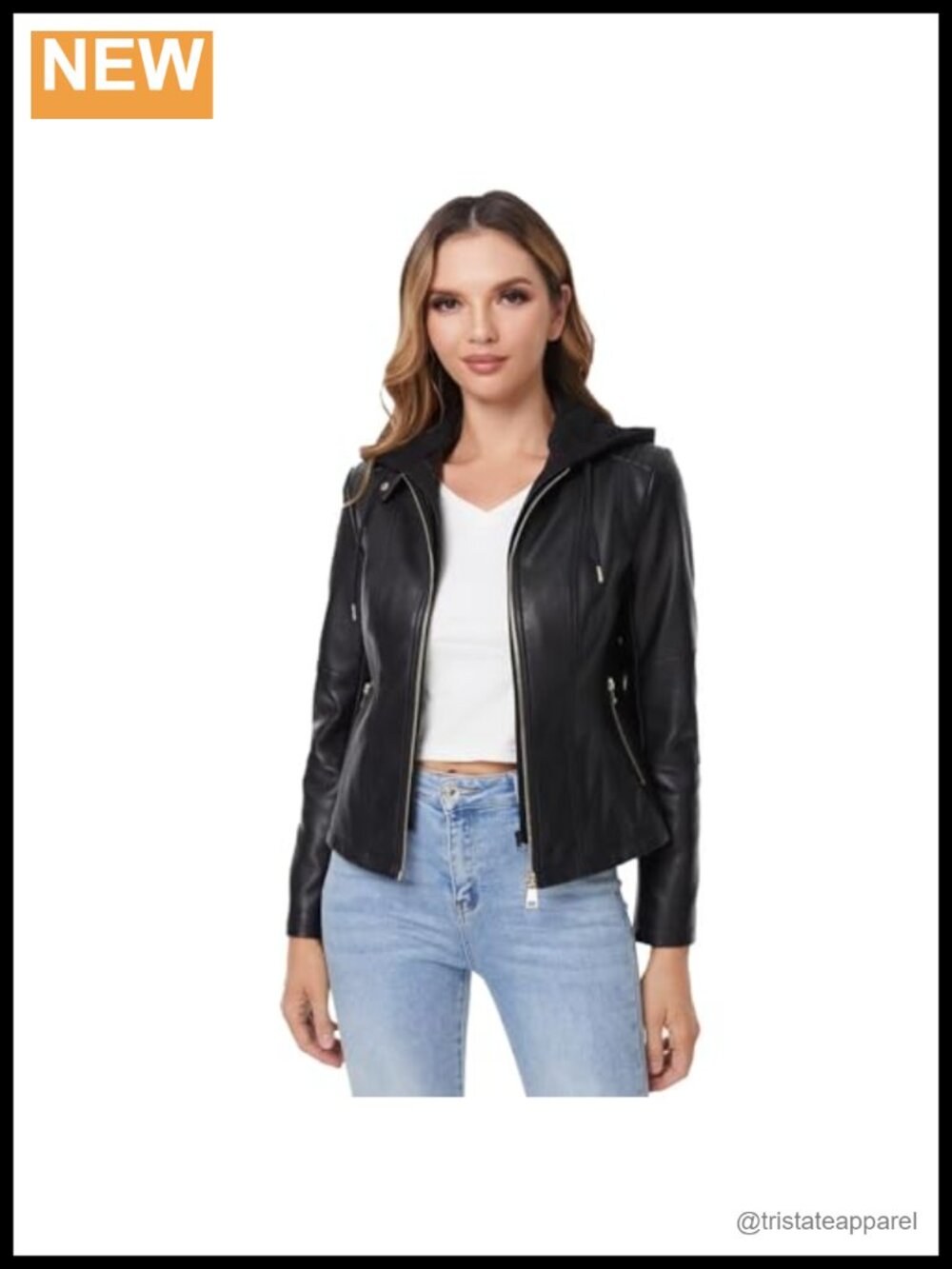Women's Faux Leather Moto Biker Jacket Removable Hooded Zip Coat